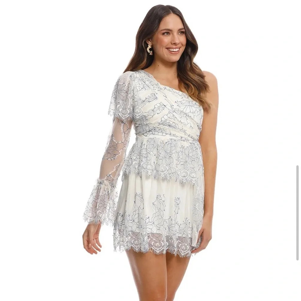 ALICE MCCALL || Isn’t She Lovely Blue and Cream Lace One Shoulder Mini Dress 2 - Picture 7 of 13
